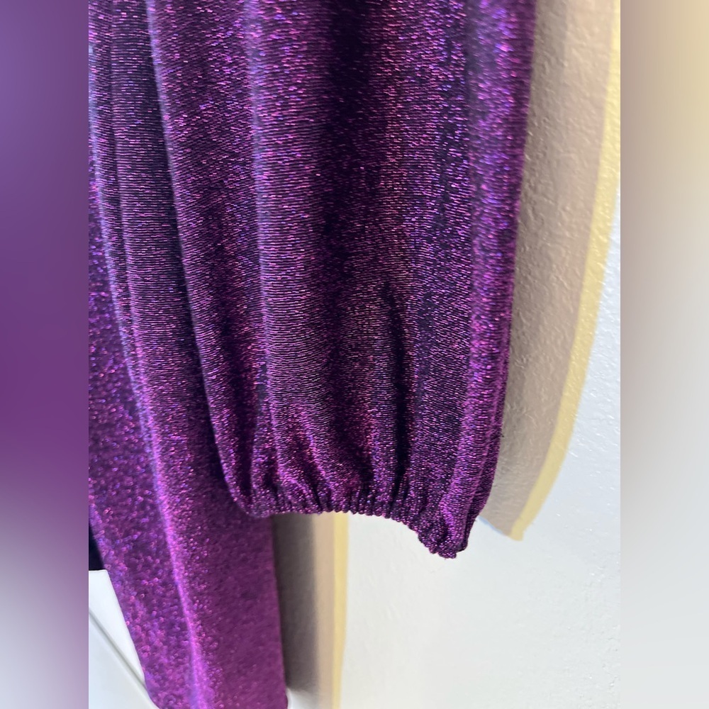 Saylor Purple Shimmer Faux Wrap Dress Ruched Waist Cocktail Holiday Party Glam - Picture 4 of 12
